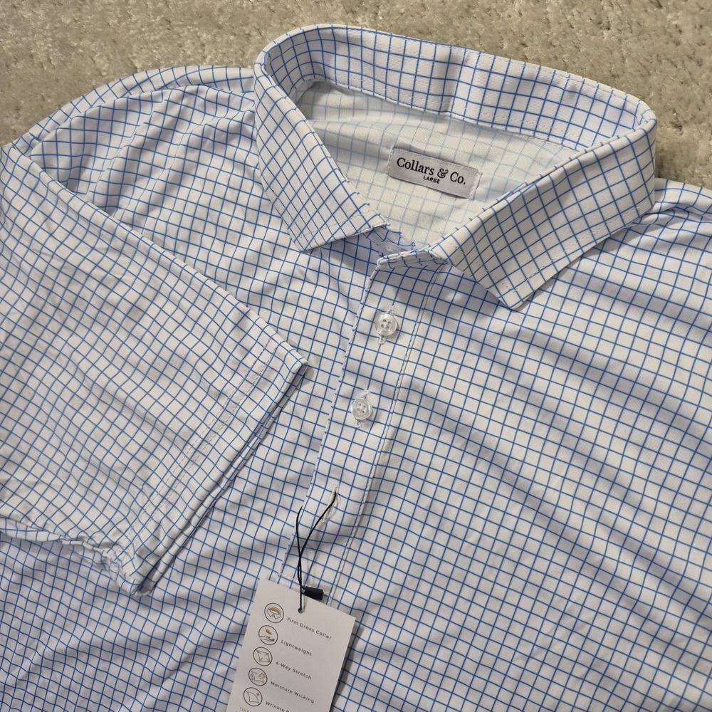 Collars and Co Dress Collar Polo Shirt Mens Large White Blue Check Performance